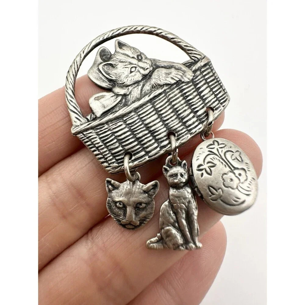 Vintage Silver Tone Kitty Cat In Basket Locket Charm Pin Brooch